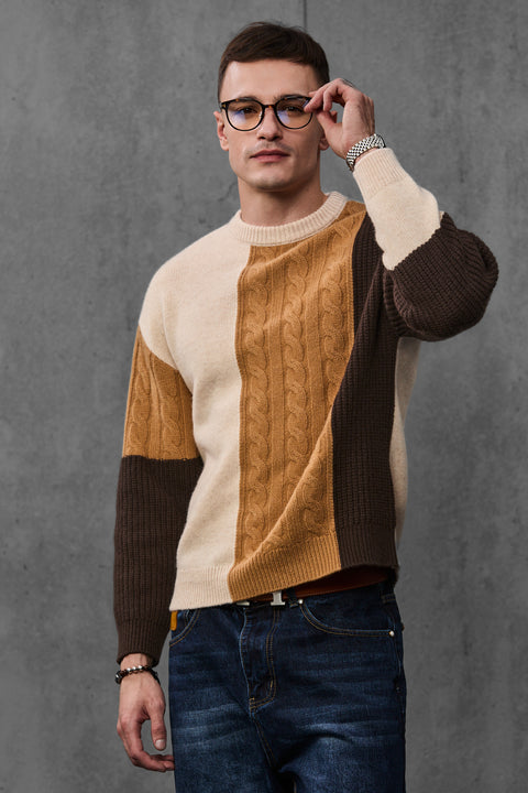 Man wearing ENEX Ridge caramel cable knit color block sweater (3 of 6)