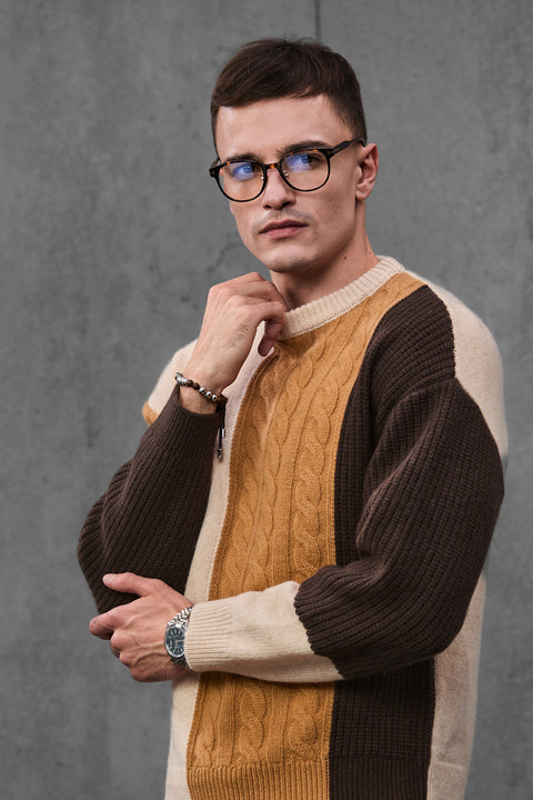 Man wearing ENEX Ridge caramel cable knit color block sweater (6 of 6)