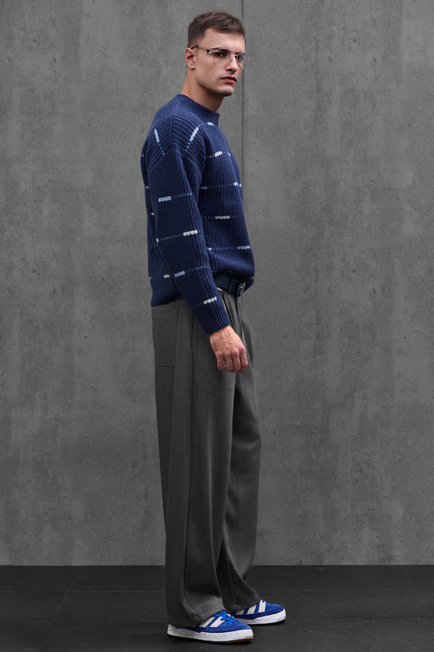 Man wearing ENEX Cadence denim blue striped merino wool sweater (3 of 6)