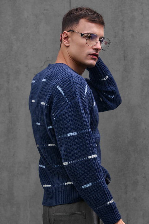 Man wearing ENEX Cadence denim blue striped merino wool sweater (6 of 6)