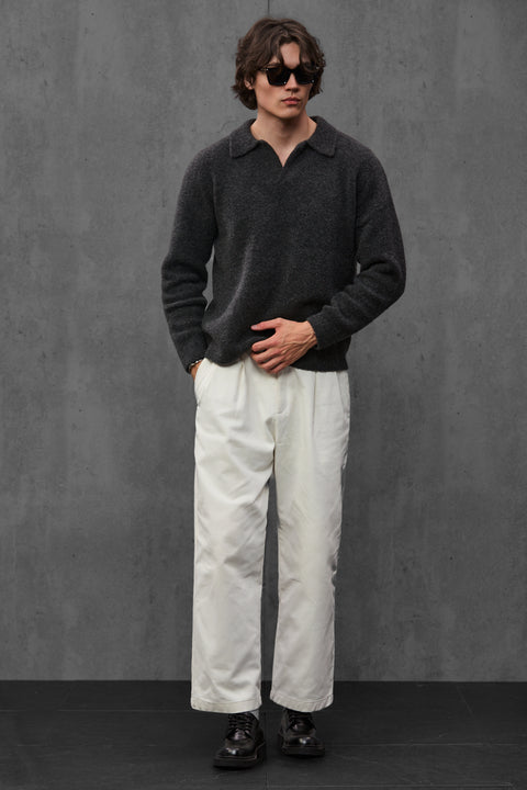 Man wearing ENEX Teddy graphite boucle polo sweater (1 of 6)