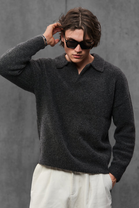 Man wearing ENEX Teddy graphite boucle polo sweater (6 of 6)