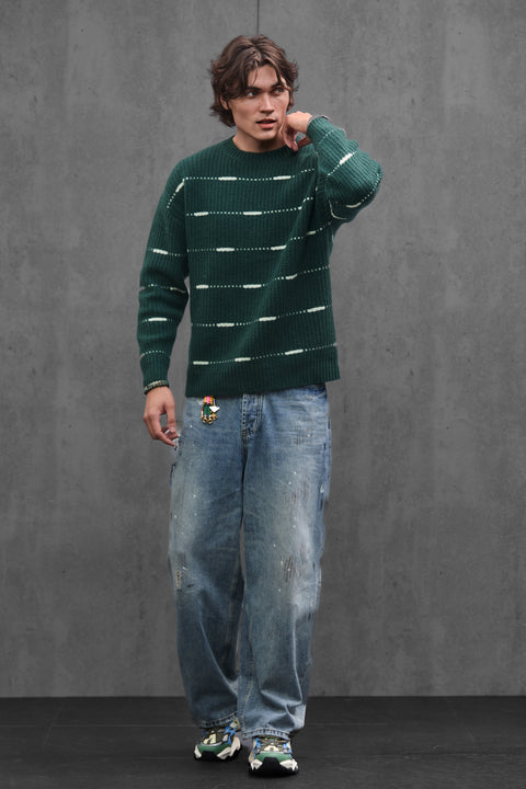 Man wearing ENEX Cadence green striped merino wool sweater (1 of 6)