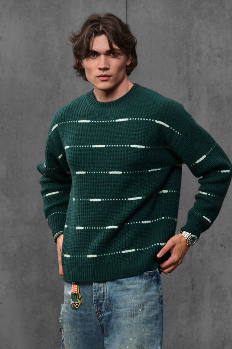 Man wearing ENEX Cadence green striped merino wool sweater (2 of 6)