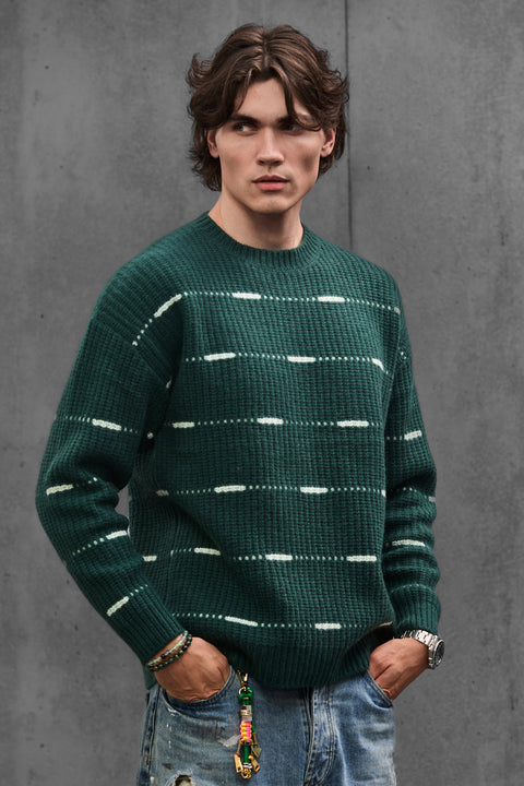 Man wearing ENEX Cadence green striped merino wool sweater (6 of 6)