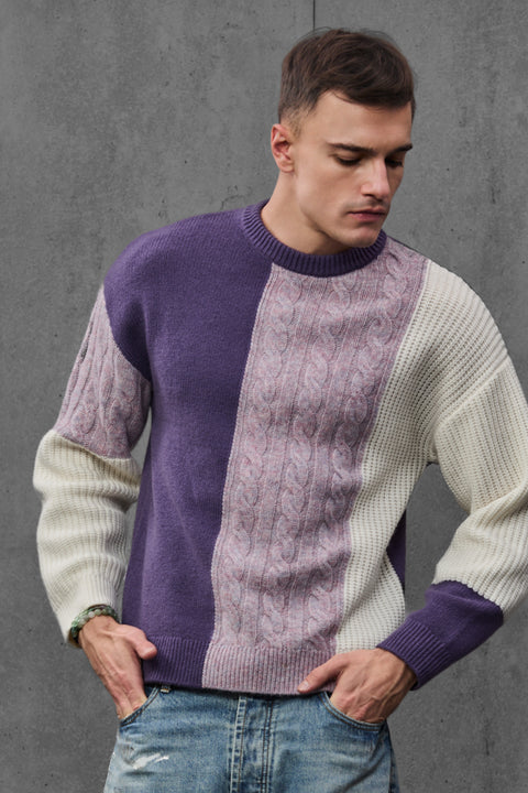 Man wearing ENEX Ridge lavender cable knit color block sweater (2 of 6)