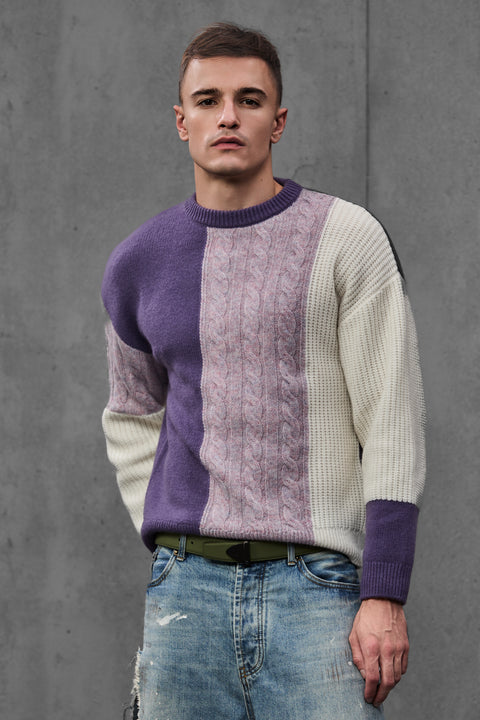 Man wearing ENEX Ridge lavender cable knit color block sweater (3 of 6)