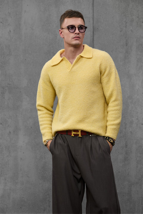 Man wearing ENEX Teddy yellow boucle polo sweater (4 of 6)