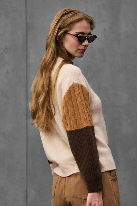 Woman wearing ENEX Ridge caramel cable knit color block sweater (3 of 6)