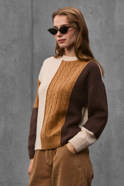 Woman wearing ENEX Ridge caramel cable knit color block sweater (6 of 6)