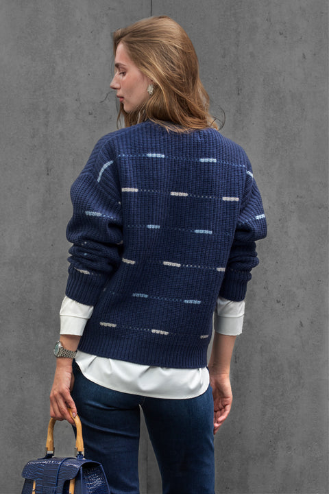 Woman wearing ENEX Cadence denim blue striped merino wool sweater (5 of 6)