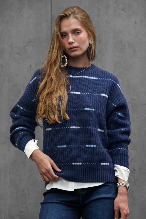 Woman wearing ENEX Cadence denim blue striped merino wool sweater (6 of 6)