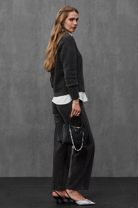 Woman wearing ENEX Teddy graphite boucle polo sweater (4 of 6)