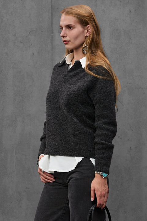 Woman wearing ENEX Teddy graphite boucle polo sweater (5 of 6)