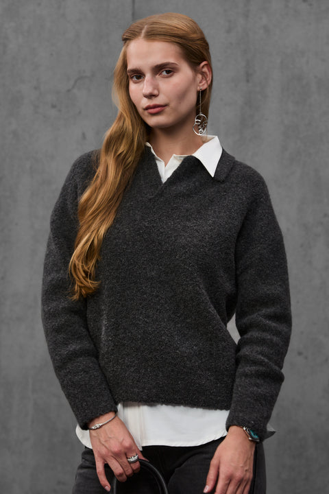 Woman wearing ENEX Teddy graphite boucle polo sweater (6 of 6)
