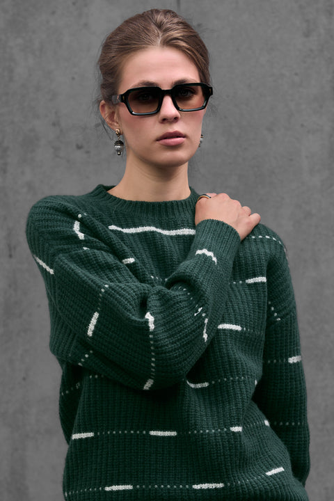 Woman wearing ENEX Cadence green striped merino wool sweater (3 of 6)