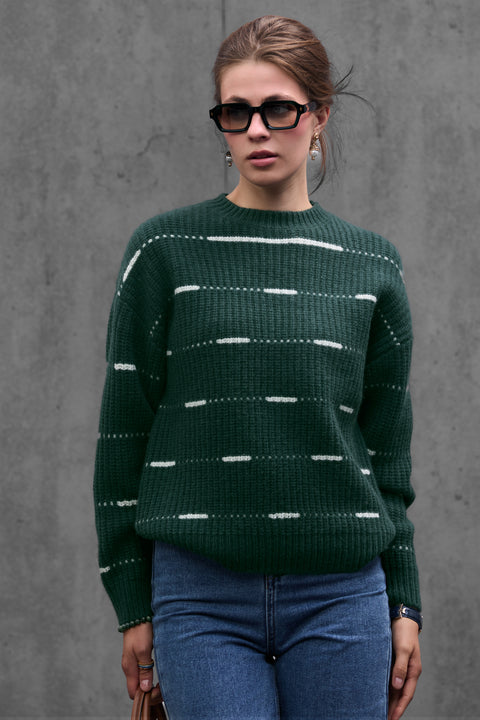 Woman wearing ENEX Cadence green striped merino wool sweater (6 of 6)