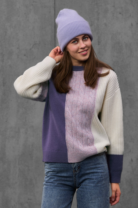 Woman wearing ENEX Ridge lavender cable knit color block sweater (2 of 6)