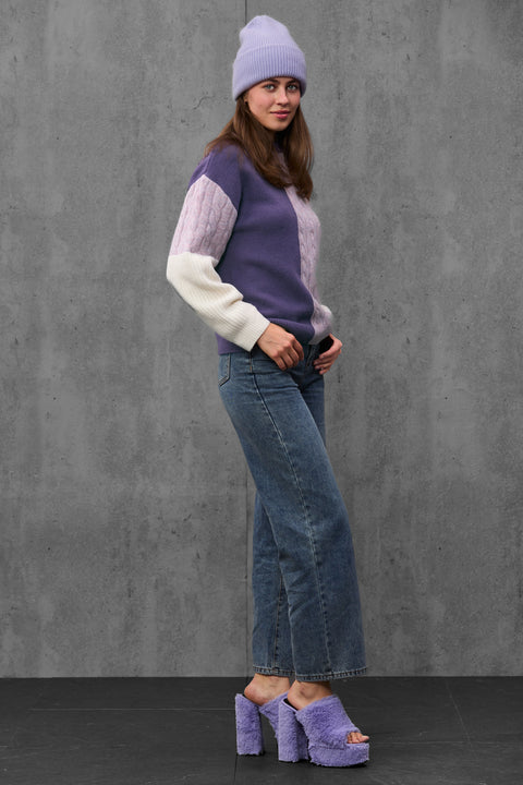 Woman wearing ENEX Ridge lavender cable knit color block sweater (3 of 6)