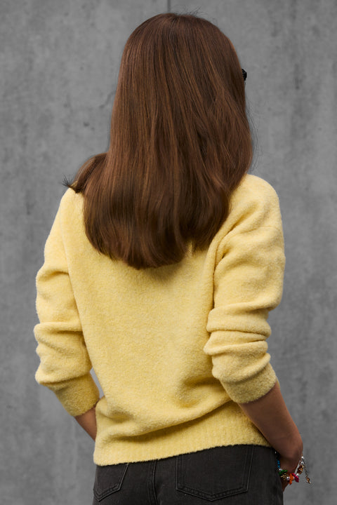 Woman wearing ENEX Teddy yellow boucle polo sweater (5 of 6)