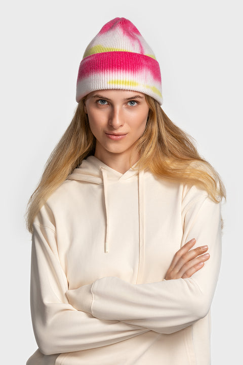 Women's Woolen Beanie Tie-Dye White & Pink & Yellow