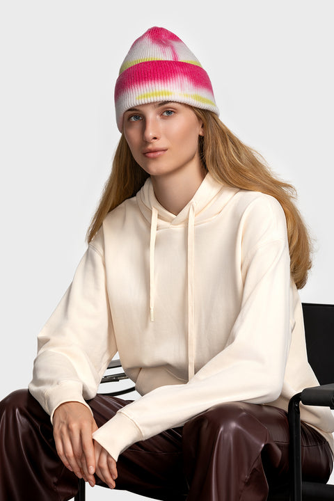 Women's Woolen Beanie Tie-Dye White & Pink & Yellow