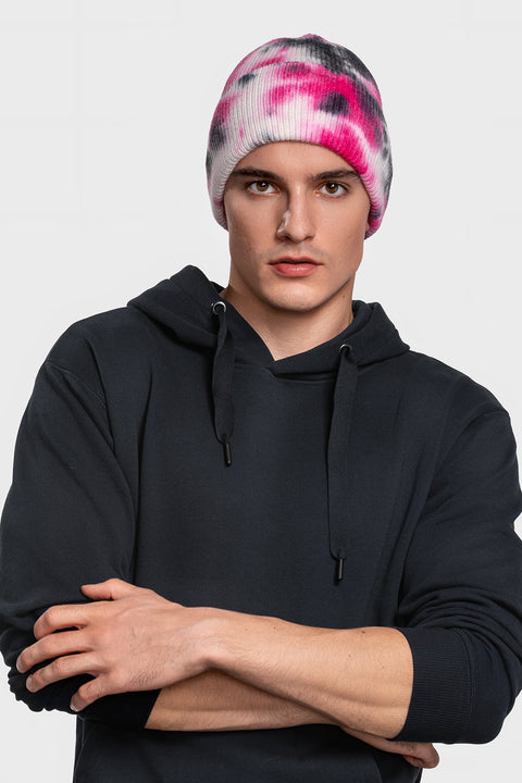 Men's Woolen Beanie Tie-Dye White & Pink & Black