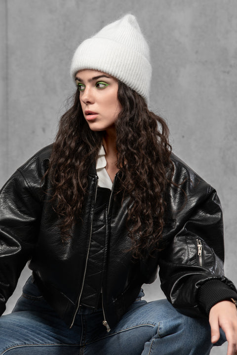 Women's White Mohair Beanie