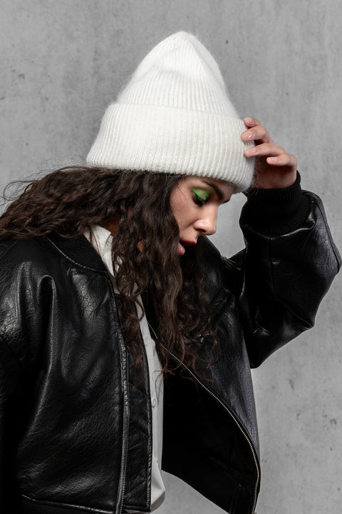 Women's White Mohair Beanie