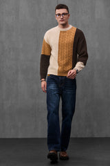 Men's Caramel Cable Knit Color Block Sweater