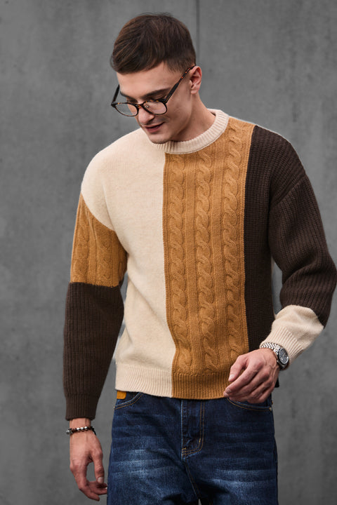 Man wearing ENEX Ridge caramel cable knit color block sweater (2 of 6)