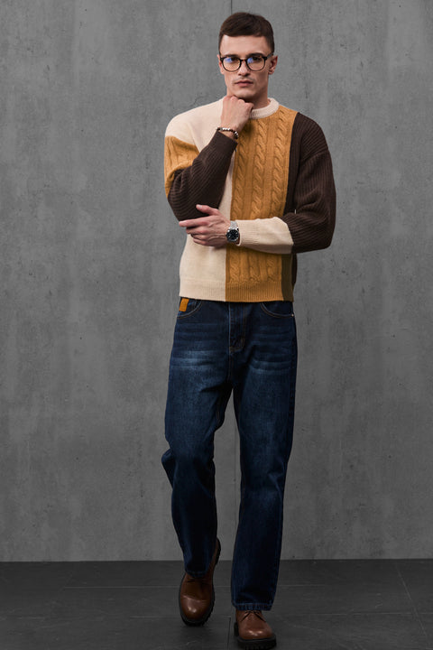 Man wearing ENEX Ridge caramel cable knit color block sweater (4 of 6)