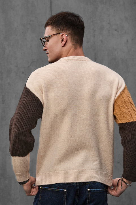 Man wearing ENEX Ridge caramel cable knit color block sweater (5 of 6)
