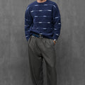 Man wearing ENEX Cadence denim blue striped merino wool sweater (1 of 6)