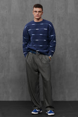 Men's Denim Blue Striped Merino Wool Sweater