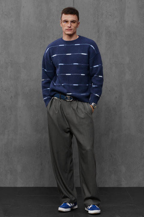 Man wearing ENEX Cadence denim blue striped merino wool sweater (1 of 6)