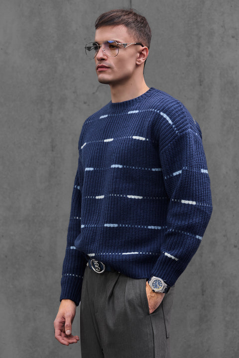 Man wearing ENEX Cadence denim blue striped merino wool sweater (2 of 6)