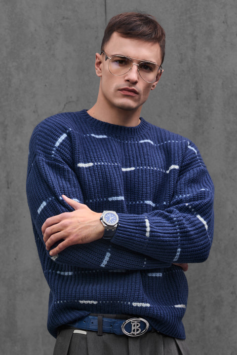 Man wearing ENEX Cadence denim blue striped merino wool sweater (4 of 6)