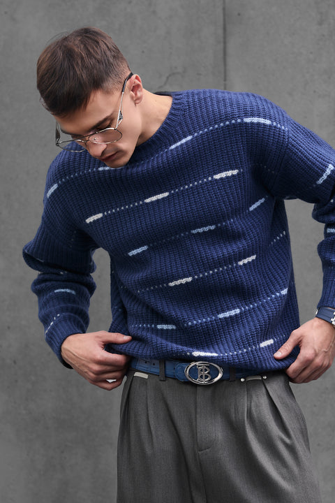 Man wearing ENEX Cadence denim blue striped merino wool sweater (5 of 6)