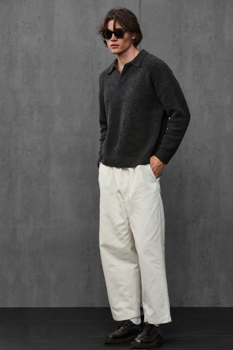 Man wearing ENEX Teddy graphite boucle polo sweater (4 of 6)