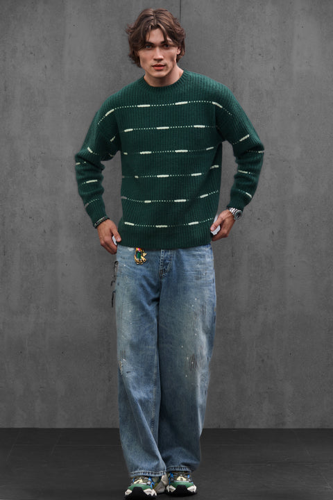 Man wearing ENEX Cadence green striped merino wool sweater (3 of 6)