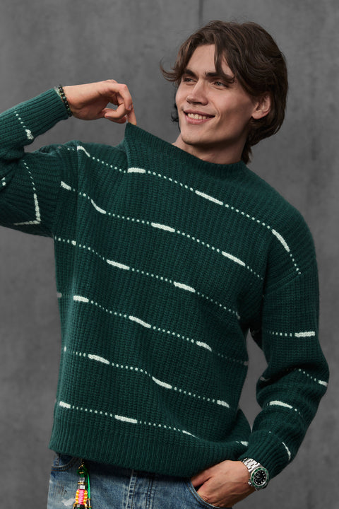 Man wearing ENEX Cadence green striped merino wool sweater (4 of 6)