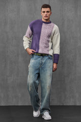 Men's Lavender Cable Knit Color Block Sweater