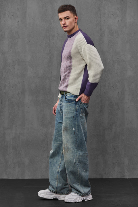 Man wearing ENEX Ridge lavender cable knit color block sweater (4 of 6)