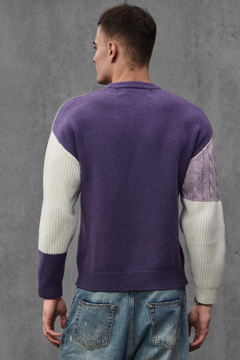 Man wearing ENEX Ridge lavender cable knit color block sweater (5 of 6)