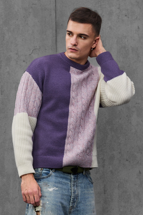 Man wearing ENEX Ridge lavender cable knit color block sweater (6 of 6)