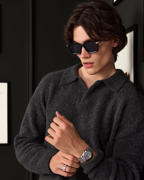 Man wearing ENEX Teddy graphite boucle wool polo sweater