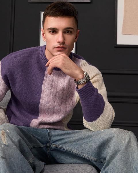 Man wearing ENEX Ridge lavender cable knit sweater with cashmere