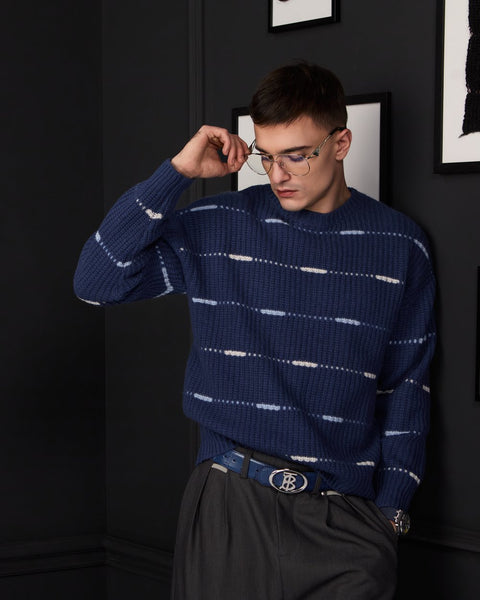Man wearing ENEX Cadence denim blue striped merino sweater