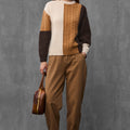 Woman wearing ENEX Ridge caramel cable knit color block sweater (1 of 6)